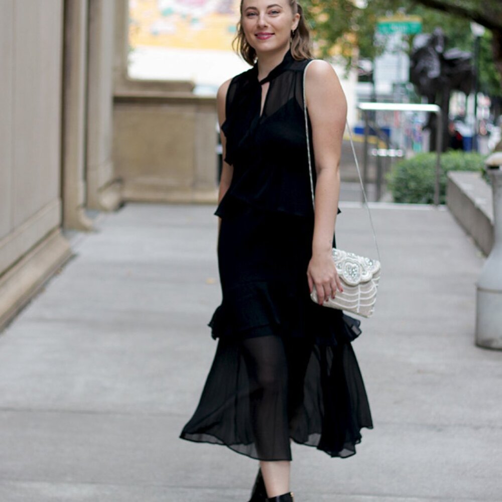 Who What Wear tiered chiffon midi dress with neck tie